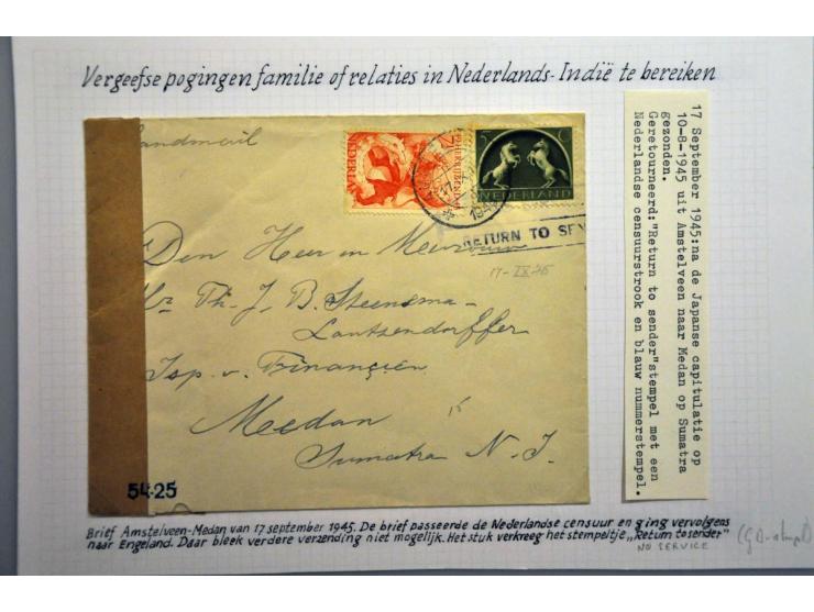 100 poststukken naar Ned.-Indië van september 1945-ca.1947 w.b. retour gezonden met divers types stempels en gestencilde stro