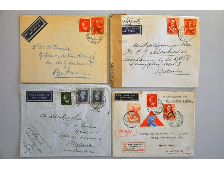 100 poststukken naar Ned.-Indië van september 1945-ca.1947 w.b. retour gezonden met divers types stempels en gestencilde stro