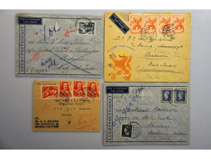 100 poststukken naar Ned.-Indië van september 1945-ca.1947 w.b. retour gezonden met divers types stempels en gestencilde stro