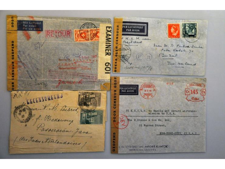 Nederlands-Indië, 145 poststukken 1939-1942 van/naar Ned.-Indië, veel verschillende landen w.b. Burma, Iraq, Duitsland, met v