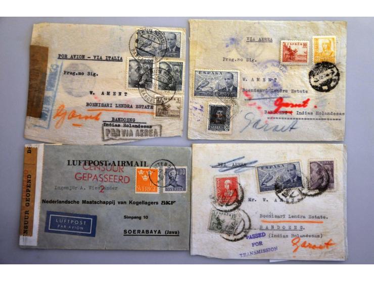 Nederlands-Indië, 145 poststukken 1939-1942 van/naar Ned.-Indië, veel verschillende landen w.b. Burma, Iraq, Duitsland, met v