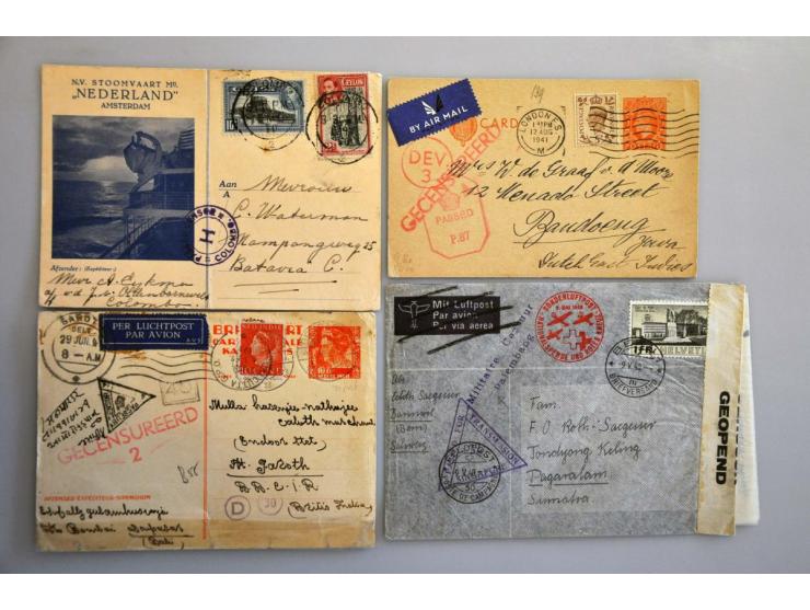 Nederlands Indië 1940-1941, 13 poststukken van/naar buitenland w.b. 15.5.40 naar Zwitserland, rood gecensureerd 2 en violet n