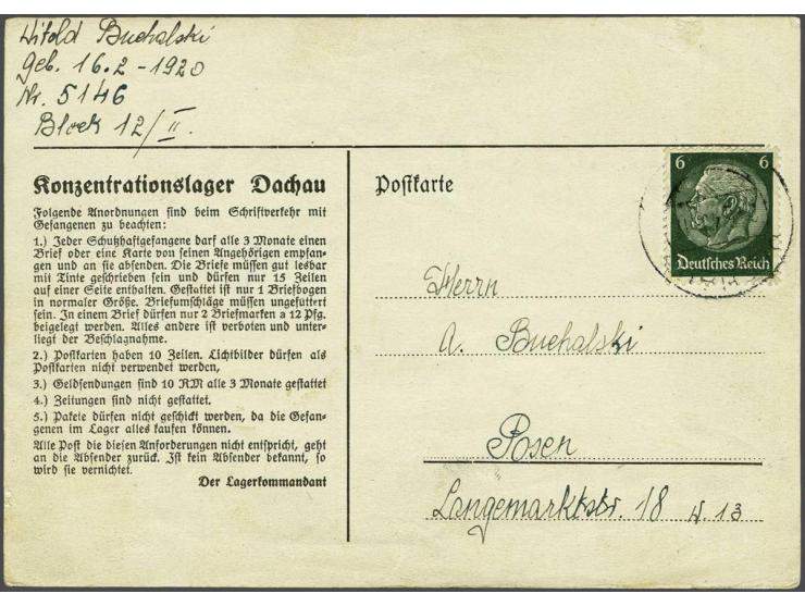 Duitsland concentratiekamp kaart Dachau (Lordahl P10) 24.6.1940 naar Posen met 6 Pf. Hindenburg, zeldzaam type, pracht ex.