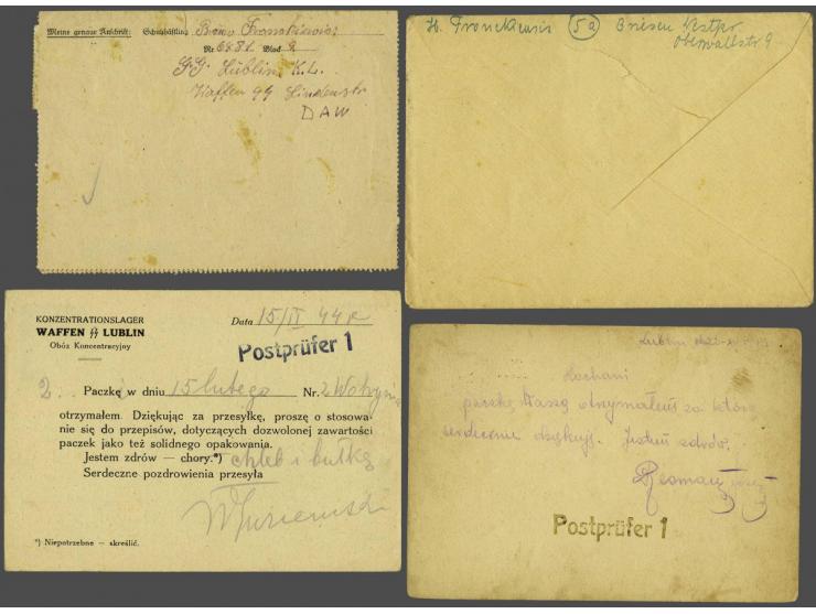 Generaal  Gouvernement concentratiekamp Lublin, 2 briefkaarten 12 Gr. 1943 en 1944, beide 5-regelig Postempfang/ alle (ingevu