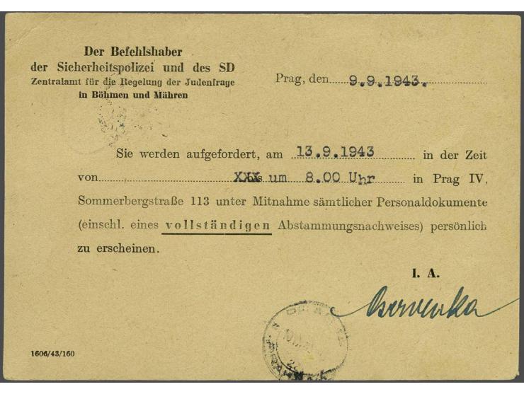 Böhmen und Mähren Theresienstadt aangetekende briefkaart lokaal Prag 9.9.1943 met 3K 50h frankering en voordruk Der Befehlsha