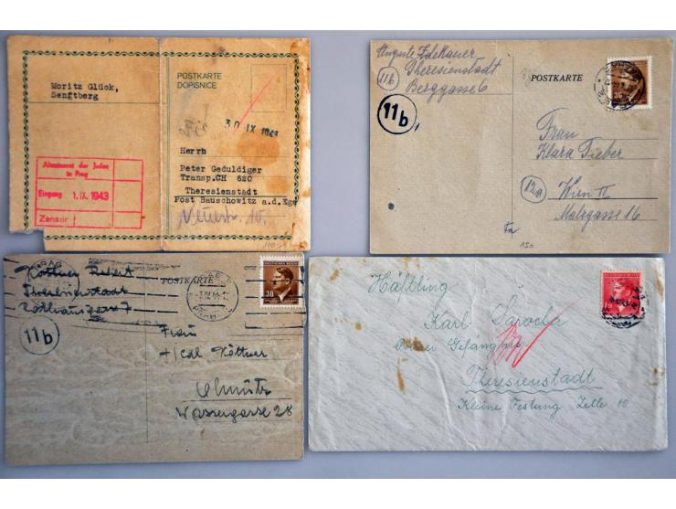 Böhmen und Mähren Theresienstadt, 13 poststukken 1943-1945 w.b. ongefrankeerde briefkaarten  met 2- en 4-regelig rood stempel