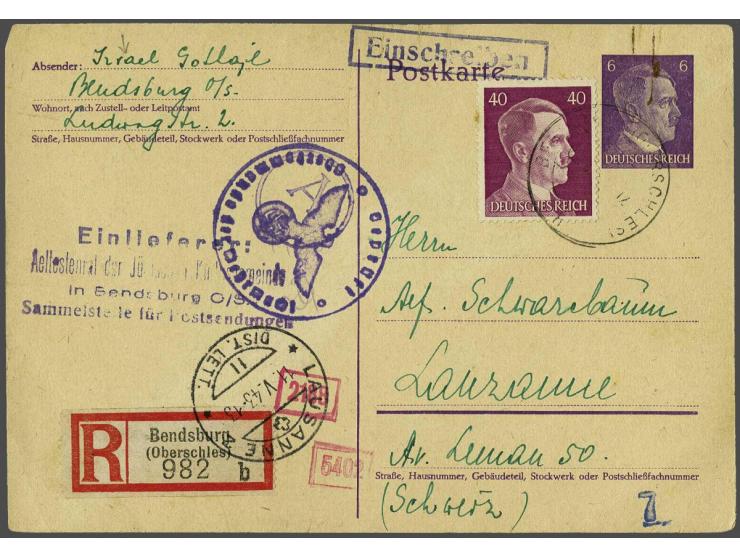 Duitsland Ghetto Bendsberg aangetekende briefkaart 6 Pf met 40 Pf. bijfrankering Bendsburg(Oberschlesien)-Lauzanne (Zwitserla