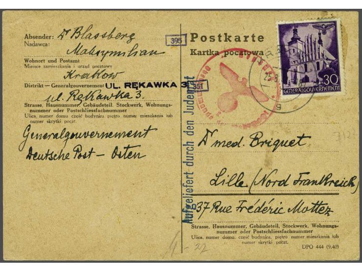 Generaal Gouvernement briefkaart met 30 Gr. Ghetto Krakau-Lille Frankrijk 25.8.41, blauw stempel Aufgeliefert durch den Juden