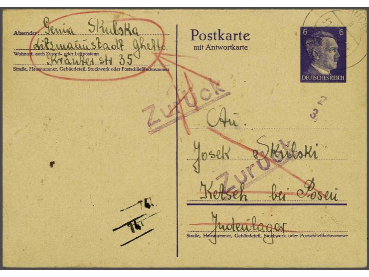 Duitsland dubbel briefkaart 6 Pf. Ghetto Litzmannstadt 31.12.40 naar Jüdenlager Ketsch bei Posen met 2x violet Zurück, pracht