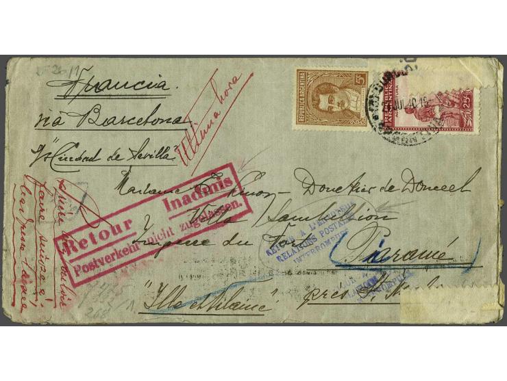 Argentinië envelop (2 zijden geopend) met 5c en 25c naar Frankrijk 1 jul 40, geschreven via Barcelona met Berlin censuur en r