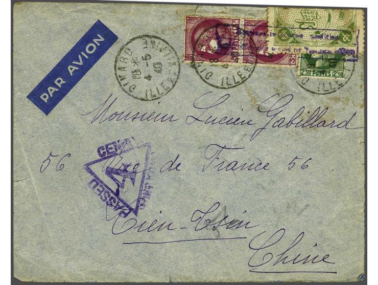 China groen officially sealed label met violet Received... stempel op envelop Dinard 4 -5 40 (Frankrijk) naar Tien-Tsin, aank