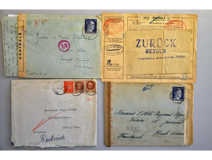 Frankrijk 1939-1945, 310 poststukken w.b. van/naar buitenland, veel censuur w.b. Zurück in types, dwangarbeiderspost, FM, kri