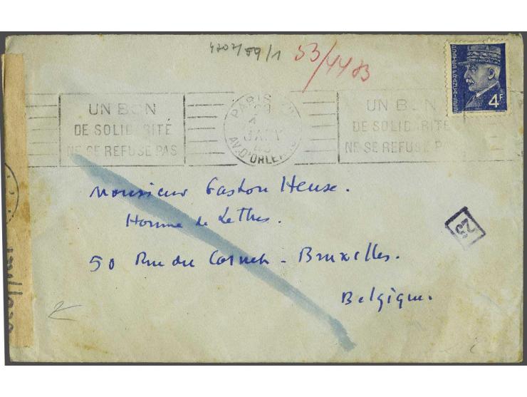 Frankrijk envelop met 4F Paris-Bruxelles 18 janv 1943 met Duitse Köln censuur en strook en 3-talig, vastgeniet, inlegvel Sie 