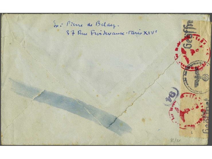 Frankrijk envelop met 4F Paris-Bruxelles 18 janv 1943 met Duitse Köln censuur en strook en 3-talig, vastgeniet, inlegvel Sie 