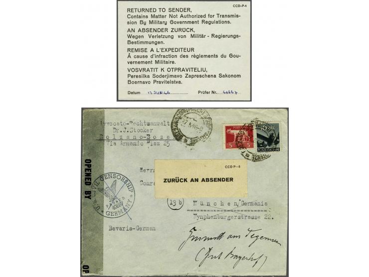 Italië envelop, 5 + 10 Lire frankering, 27.5.46 naar München, strook Zurück an Absender cccp-5, en Amerikaanse censuur met 4-