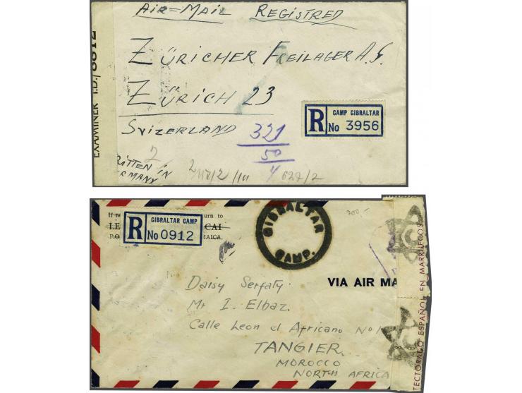 Jamaica, 2 enveloppen Camp Gibraltar naar resp. Tangier 31.8.1942 via New York met Spaanse censuur (en Davidster) en naar Zwi