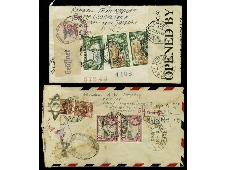 Jamaica, 2 enveloppen Camp Gibraltar naar resp. Tangier 31.8.1942 via New York met Spaanse censuur (en Davidster) en naar Zwi