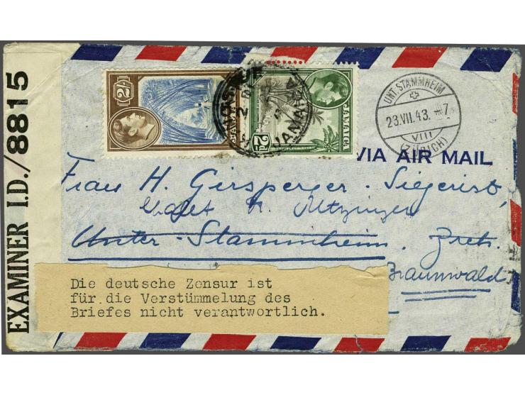 Jamaica, luchtpost envelop Kingston 25.6.1943 met 2d en 2/- naar Zwitserland, aankomststempel 23.VIII.43, Amerikaanse en Duit