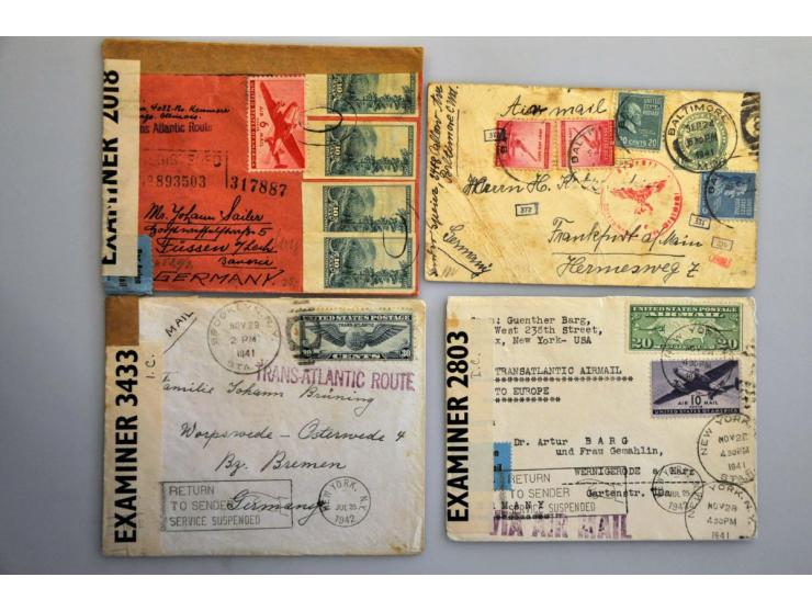 USA 1939-1947, 135 poststukken van/naar Duitsland w.b. Zurück in types op post november 1941, Kriegsgefangenenpost, POW post,