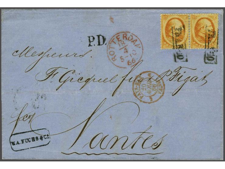 15 cent oranje in paar op briefomslag van Rotterdam 18-4-1866 naar Nantes (F), fris pracht ex.