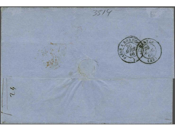 15 cent oranje in paar op briefomslag van Rotterdam 18-4-1866 naar Nantes (F), fris pracht ex.