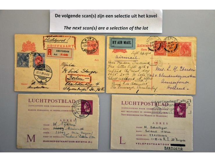 21 luchtpostbladen w.b. G.1a en b, 2a en b en 7 met bijdruk M.S. Oranje, alle echt gebruikt. Tevens briefkaart luchtdienst Am