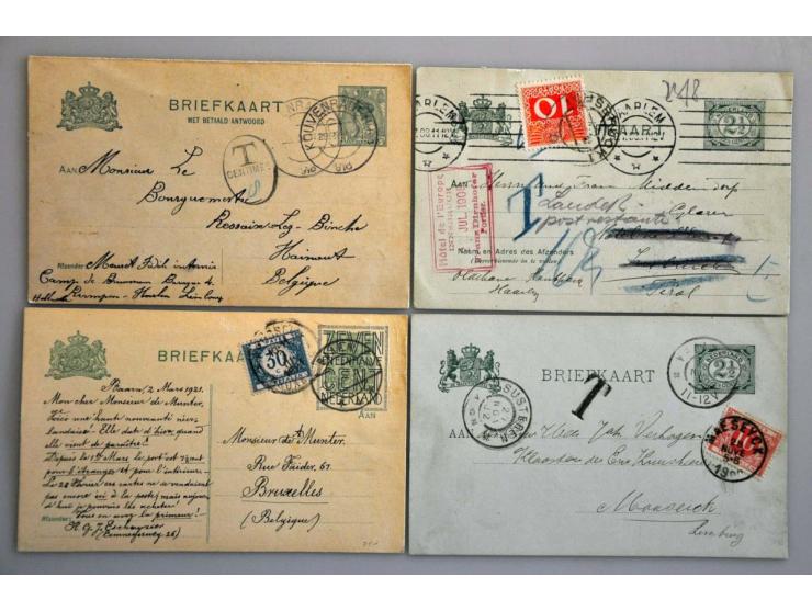 22 briefkaarten 1875-ca.1945 naar buitenland met port belast wegens onderfrankering of poste restante w.b. 1875 naar Frankrij