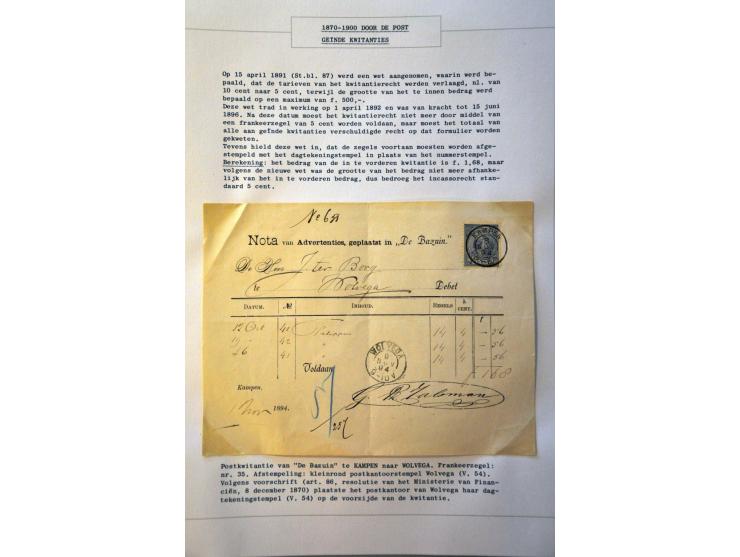 9 postkwitanties 1892-1896 met 5 cent 1891, 1 ex. tevens 2 ex.33a wegens weigering en opnieuw aanbieden, kleinrond w.b. Onder