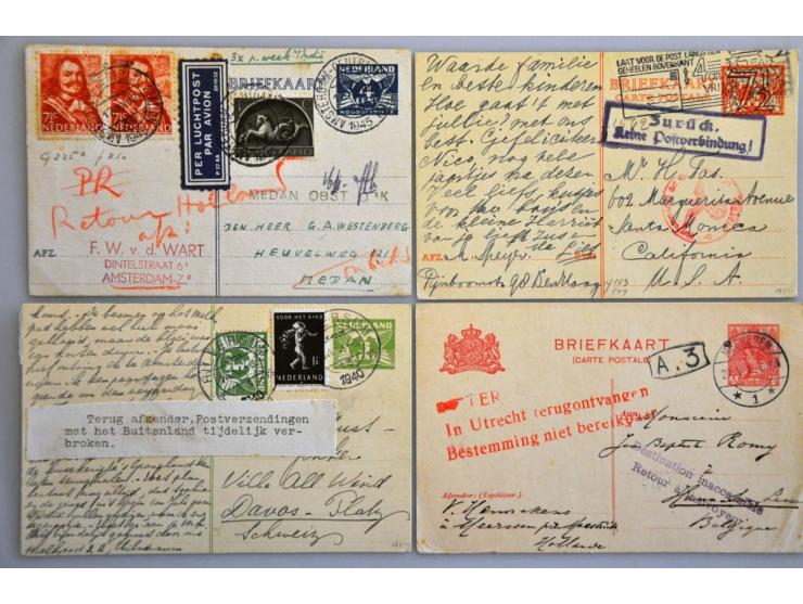 4 retour gezonden briefkaarten resp.1915 Terug/ in Utrecht terugontvangen/ Bestemming niet bereikbaar, 1940 Terug afzender, P