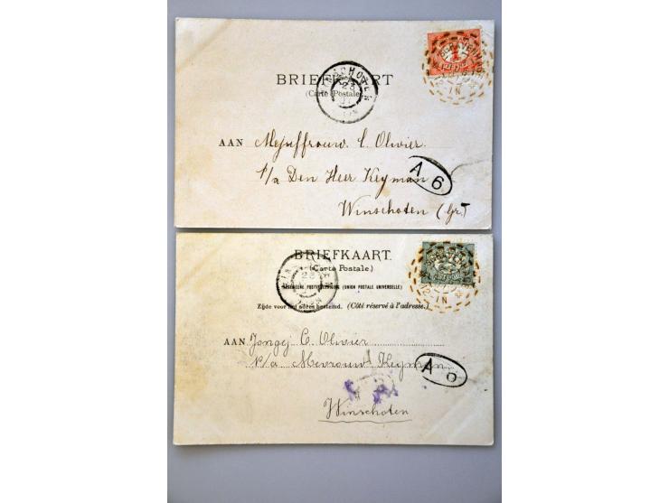 brandstempels, 2 luxe afdrukken beide 23-8-1901 op emissie cijfer 1 cent en 2½ cent op prentbriefkaarten Dordrecht en 's Grav