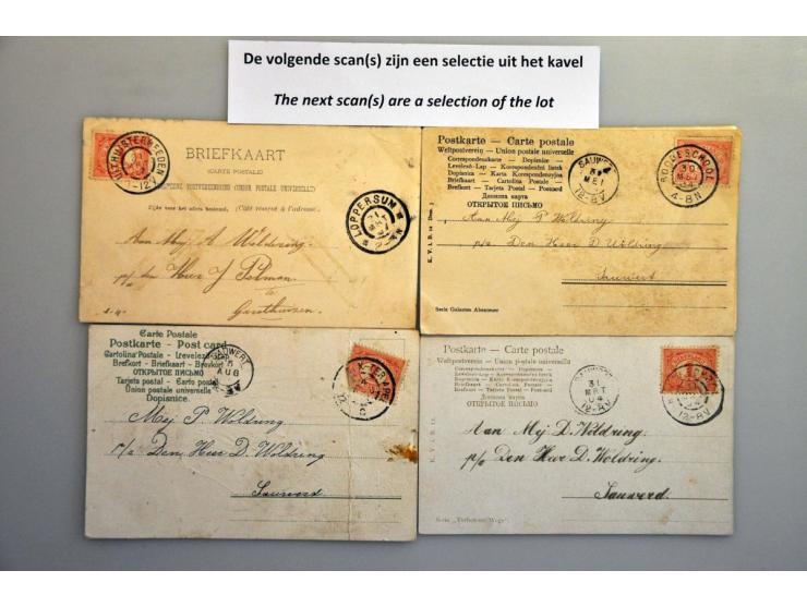 14 prentbriefkaarten gefrankeerd met nr. 51 met kleinrondstempels w.b. Eenrum (6x) en Sauwert (3x) of grootrondstempels