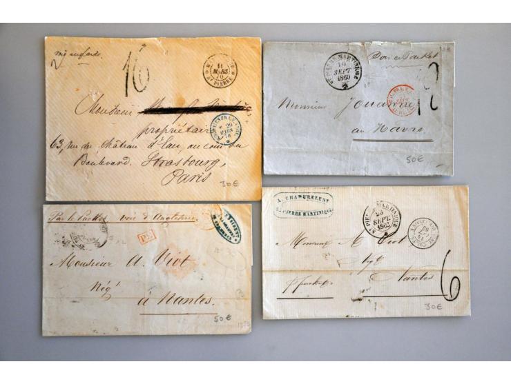 35 ongefrankeerde en 2 gefrankeerde poststukken ca.1845-1870 van Martinique, Guadeloupe en 1 ex. Mauritius, alle naar Frankri