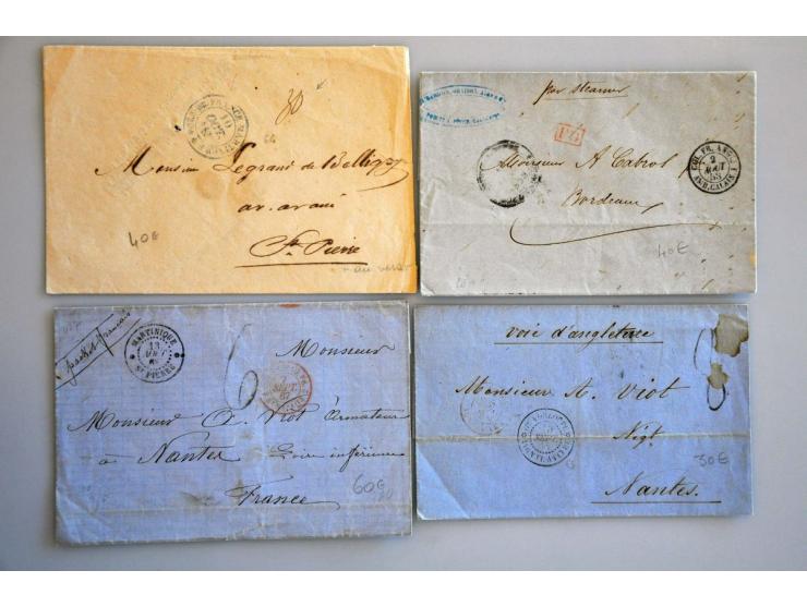 35 ongefrankeerde en 2 gefrankeerde poststukken ca.1845-1870 van Martinique, Guadeloupe en 1 ex. Mauritius, alle naar Frankri