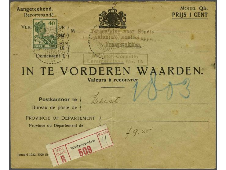 Wilhelmina 40 cent groen op aangetekende envelop voor In te vorderen waarden van Weltevreden 22-12-1925 via Utrecht naar Zeis