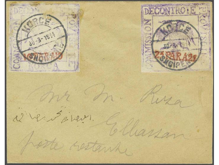 Provisional Issue Korce. Cut out cachets 10 para and 25 para violet and red stuck on cover 30-3-1914 to Elbasan, very fine