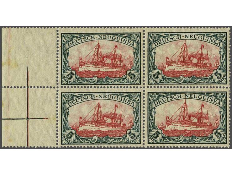 Kaiseryacht 5 mark green black and carmine red with watermark in block of 4 with sheet margin, very fine, cat.v. 640+