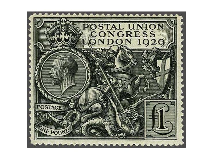 George V 1929 P.U.C. £1 black, St. George and the dragon, a very fine fresh lightly mounted mint ex., cat.v. £ 750