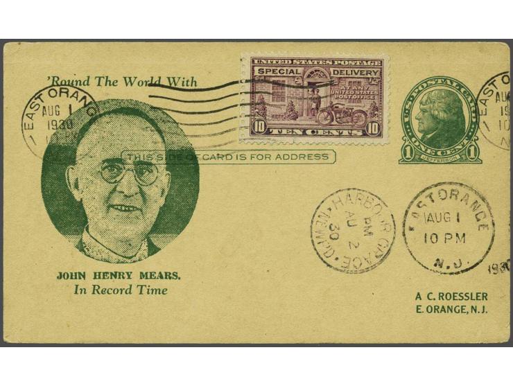 Round the World Flight by John Mears and Henry Brown. Illustrated postal stationery from East Orange, New  Jersey 1-8-1930 to