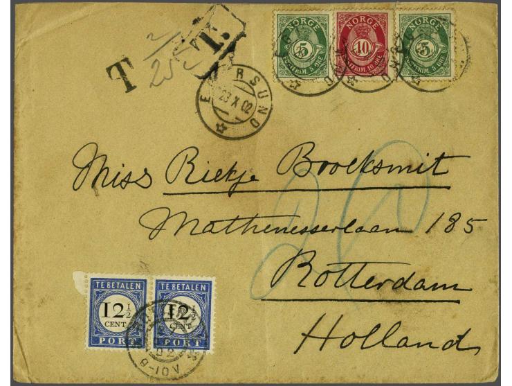 12½ cent donkerblauw in paar op envelop uit Egersund (Noorwegen) 23-10-1902 naar Rotterdam, vrijwel pracht ex.