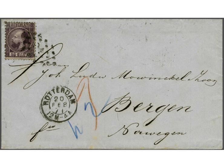 25 cent donkerviolet type II tanding 12¾ x 11¾ grote gaten op briefomslag van Rotterdam 20-2-1871 naar Bergen (N) met geschre