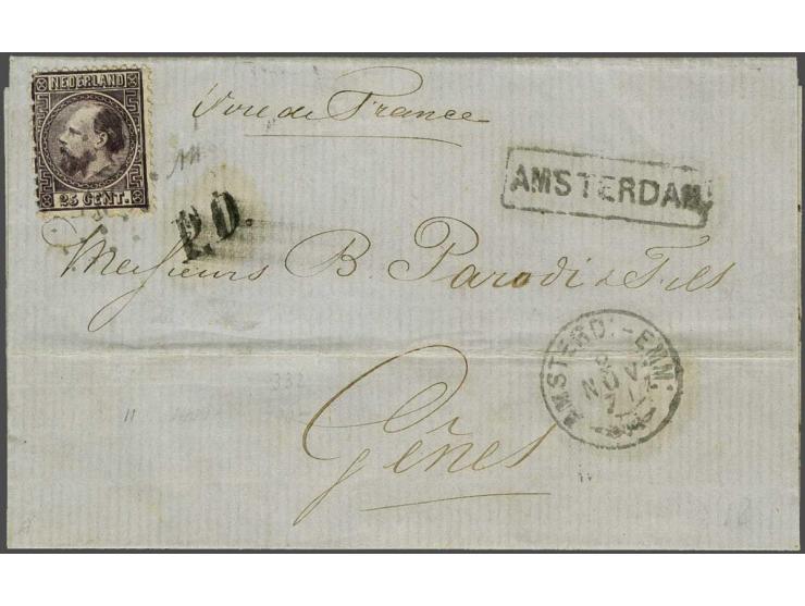 25 cent donkerviolet type II tanding 12¾ x 11¾ op briefomslag van Amsterdam 2-11-1871 naar Genua (I), pracht ex.