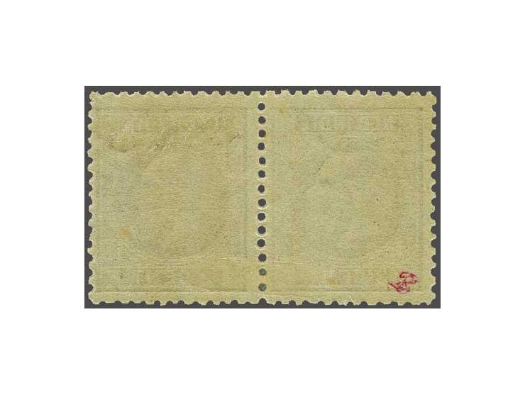 Willem III 2 cent lilabruin in gecombineerd tandingpaar 11½ x 12 en 12½ x 12 grote gaten, pracht ex. met kopie certificaat NV