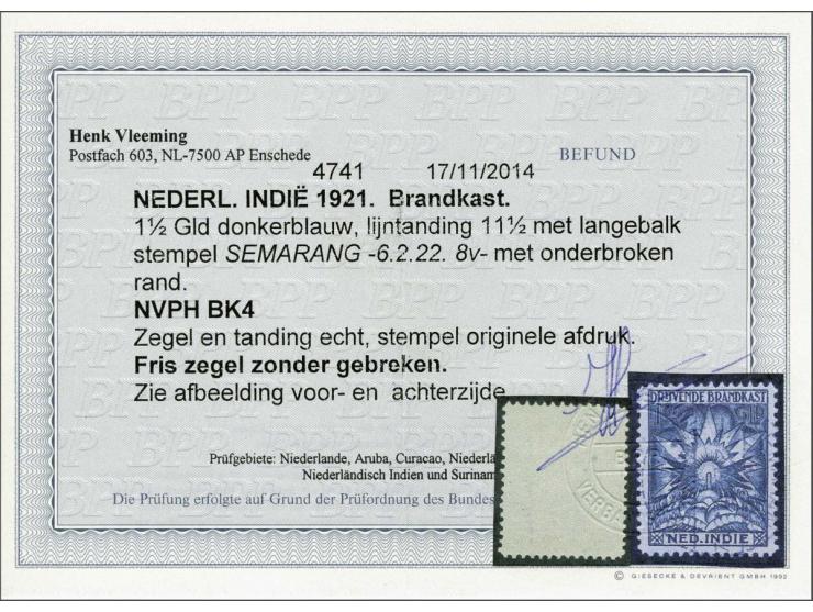 1½ gulden donkerblauw met langebalkstempel Semarang 6-2-1922, pracht ex. met certificaat Vleeming 2014