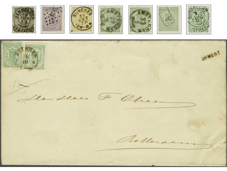 Stempels, collectie van ca. 70 zegels en 9 poststukken w.b. halfrond-franco-, franco-takje-, punt-, 2-letter-, rond- etc. w.b