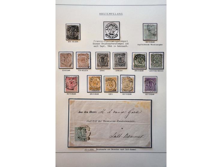 Stempels, collectie van ca. 70 zegels en 9 poststukken w.b. halfrond-franco-, franco-takje-, punt-, 2-letter-, rond- etc. w.b