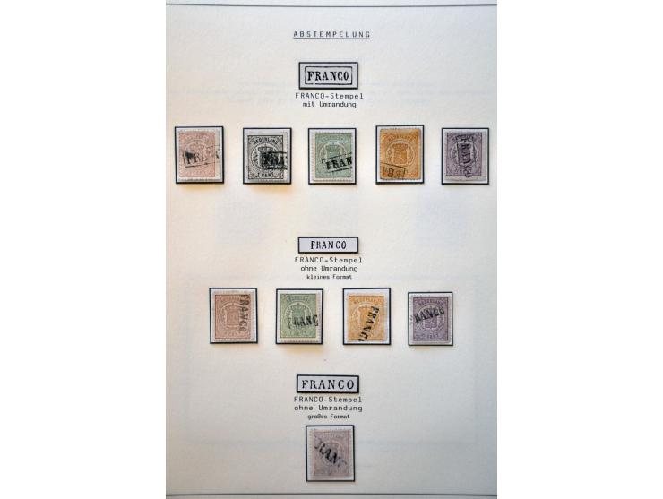 Stempels, collectie van ca. 70 zegels en 9 poststukken w.b. halfrond-franco-, franco-takje-, punt-, 2-letter-, rond- etc. w.b