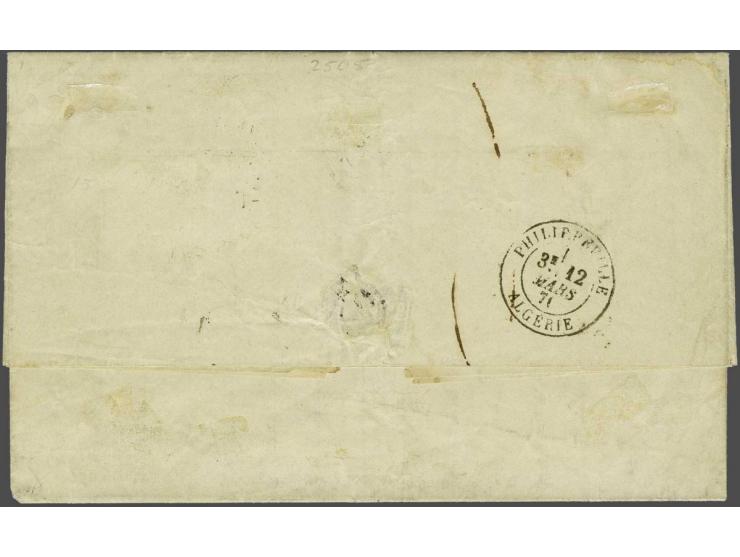 1 cent groen tanding 13¼ kleine gaten en 2 cent bruingeel tanding 13¼ kleine gaten op vouwbrief van Amsterdam 20-2-1871 via L