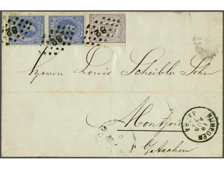 2½ cent violet tanding 13¼ grote gaten en Willem III emissie 1872 5 cent blauw tanding 12½ x 12 in verticaal paar op rekening