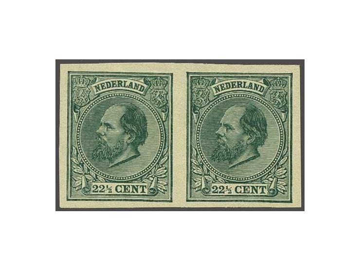 Ongetande kleurproef van de 22½ cent in de gekozen kleur blauwgroen door Joh. Enschedé te Haarlem in paar, pracht ex.
