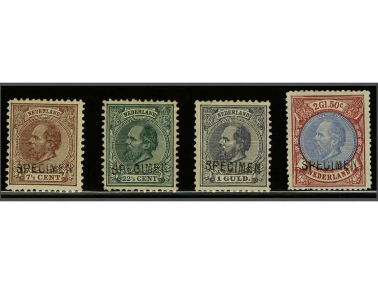 7½ cent chocoladebruin, 22½ cent blauwgroen, 1 gulden grijsviolet en 2½ gulden rood en blauw alle met specimen opdruk, pracht